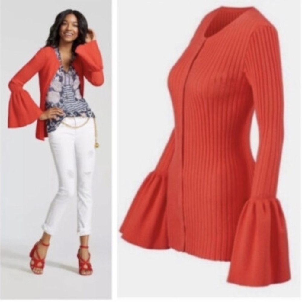 CAbi Coral Bell-Sleeve Ribbed Cardigan